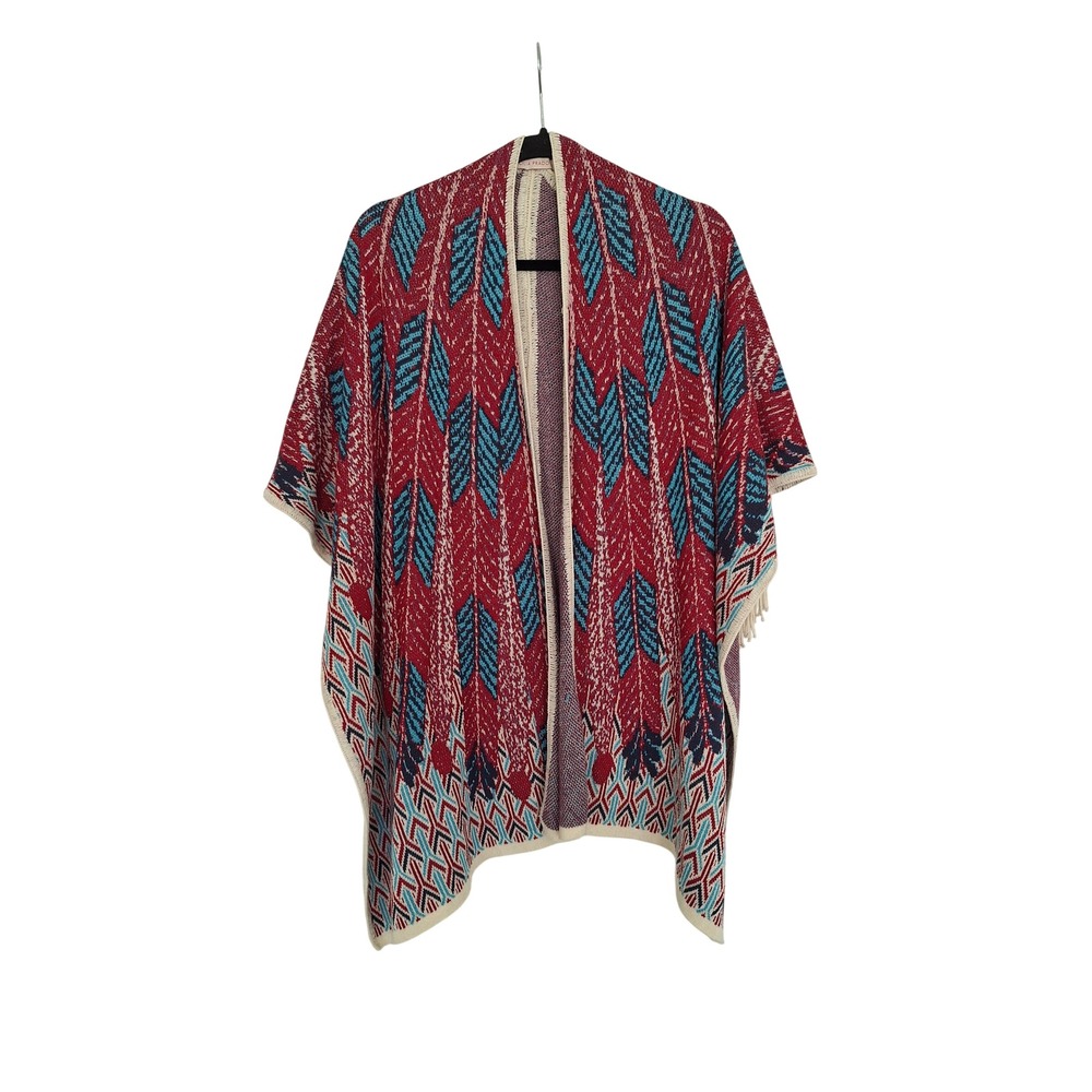 Cecilia Prado Red Turquoise Geometric Knit Fringe Poncho Wrap Size M